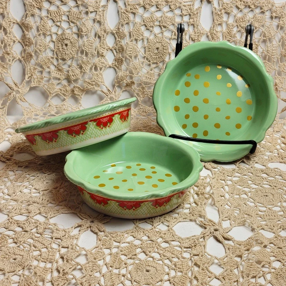 The Pioneer Woman‎ Mini Pie Plate 3pc Set 5in Green Red Joy New Stoneware Dish